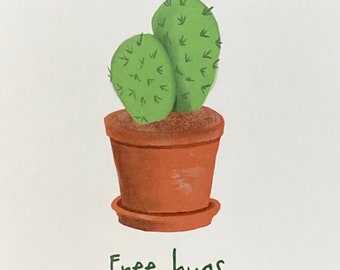 FREE HUGS Cactus Greeting Card: Funny Blank Note Card with Kraft Envelope