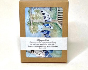 Sneakers on Clothesline Notecard Set: Watercolor Art, Blank Inside (8 Cards)