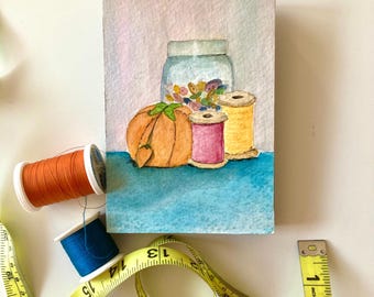 Sewing Room Decor: Original Watercolor Illustration on Wood Panel