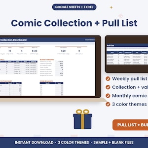May include: A digital comic collection and pull list dashboard for Google Sheets and Excel. The interface displays data tables for weekly pulls, collection value, monthly budgets, and spending by type and month. Includes a gift icon.