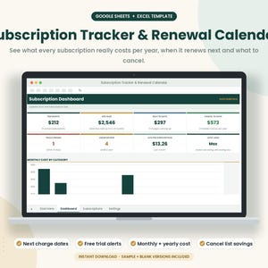 May include: A digital subscription tracker and renewal calendar template for Google Sheets and Excel displayed on a laptop screen. The dashboard shows financial metrics including monthly costs, yearly totals, upcoming renewals, and trial alerts.