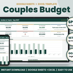 May include: A digital budget template for Google Sheets and Excel titled Couples Budget, displaying financial data for Jordan and Taylor. The interface includes income, spending, savings, and goal tracking with bar charts and text.