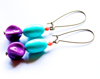 Vintage Teal and Purple Beaded Dangle Earrings