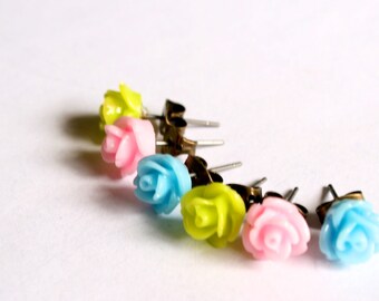 Three Pair Colored Rose Post Earrings - Pink, Lime Green, Baby Blue