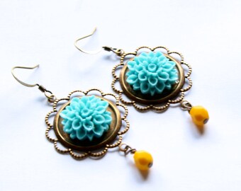 antique flower flower earrings vintage flower blue jewelry blue earrings blue yellow earrings victorian jewelry antique jewelry vintage