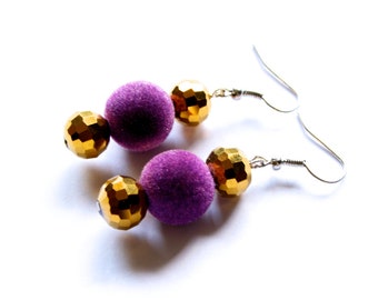 Fuzzy Purple and Faceted Gold Beaded Earrings