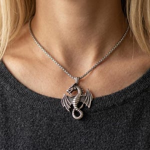 Peut inclure: Un collier avec un pendentif en forme de dragon argenté. Le dragon a des ailes détaillées et une queue enroulée. La chaîne est à maillons fins. La personne porte un pull gris foncé.