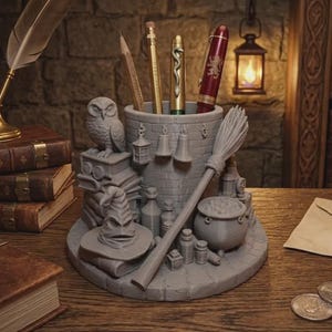 May include: A gray cylindrical desk organizer featuring a brick-patterned tower base adorned with a sculpted owl, a pointed hat, a broomstick, a cauldron, and various small bottles. The organizer holds a wooden pencil, a gold pen, and a red pen.