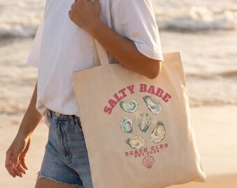 Salty Babe Beach Club Tote Bag, Coastal Bachelorette Tote, Bridesmaid Gift Bag, Beach Bride Tote, Oyster Aesthetic Bag, Girls Trip Tote