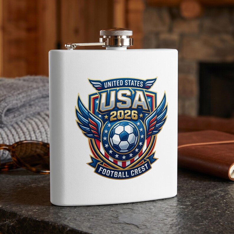 White flask with USA 2026 Football Crest logo featuring wings and a soccer ball.