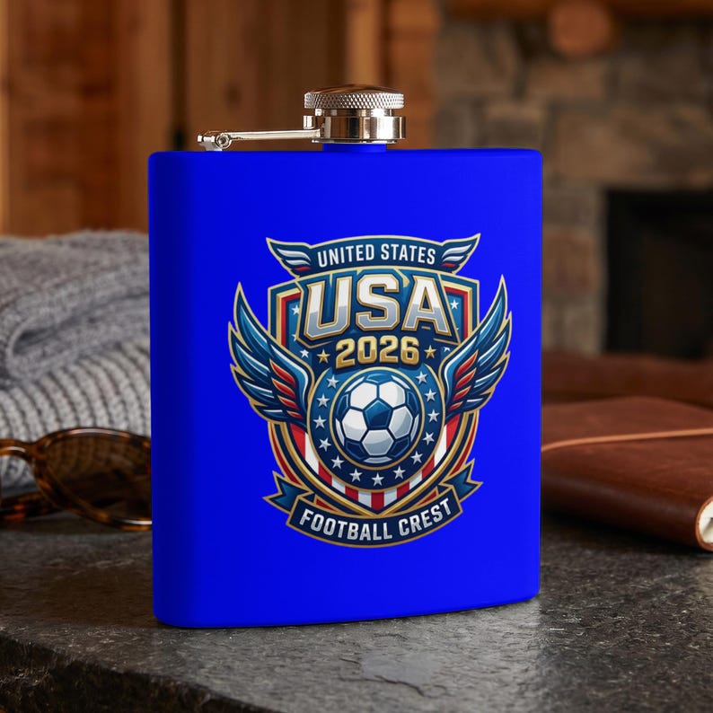 Blue United States 2026 Football Crest flask with soccer ball and wings emblem.