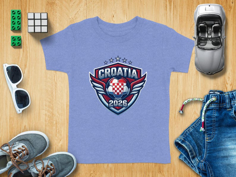T-shirt with Croatia 2026 crest, sunglasses, shoes, toy car, and Rubik's cube.