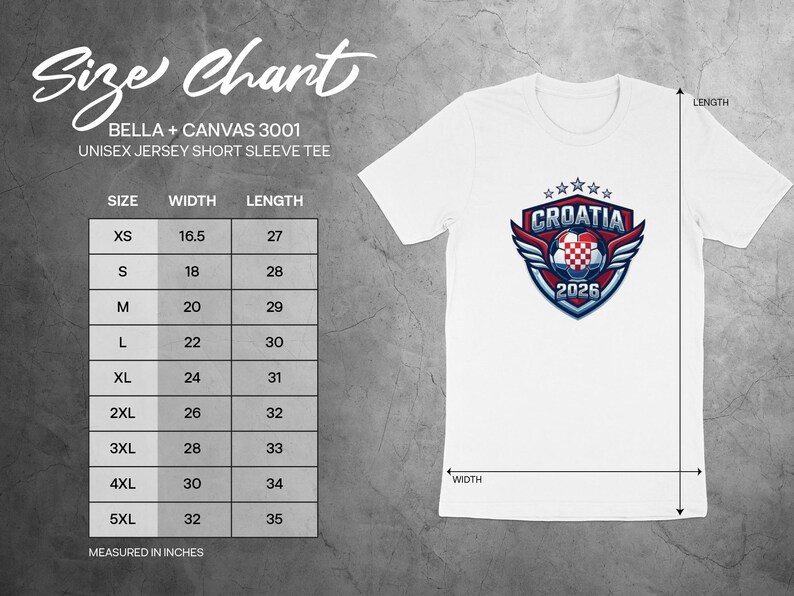 Size chart for Bella + Canvas 3001 unisex t-shirt with Croatia 2026 logo.