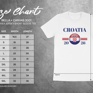 Croatia t-shirt size chart with measurements in inches for width and length.