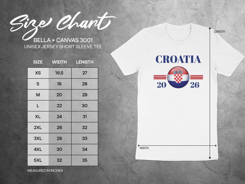 Croatia t-shirt size chart with measurements in inches for width and length.