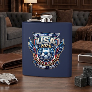 Navy flask with "USA 2026 Football Crest" and soccer ball emblem.