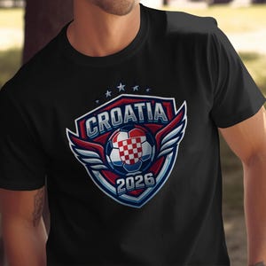 Croatia 2026 soccer crest with wings, red and white checkered ball.