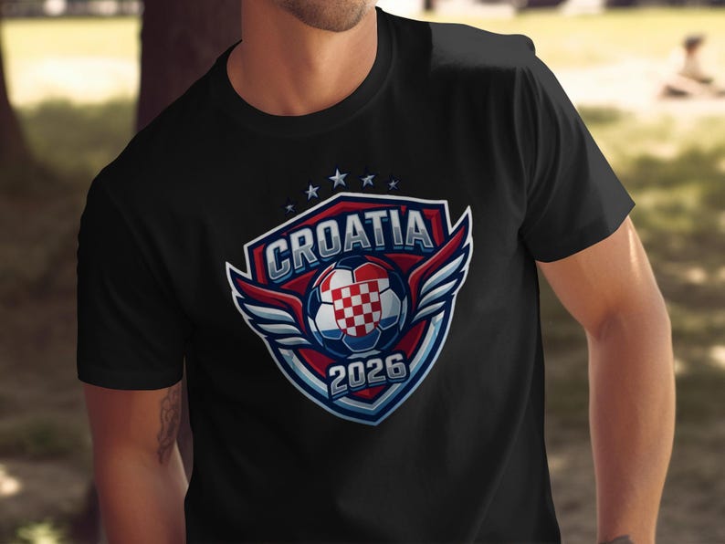Croatia 2026 soccer crest with wings, red and white checkered ball.