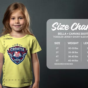 Croatia soccer jersey t-shirt with size chart for toddlers.