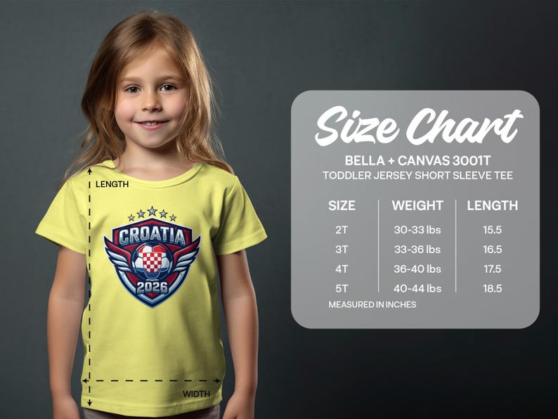 Croatia soccer jersey t-shirt with size chart for toddlers.