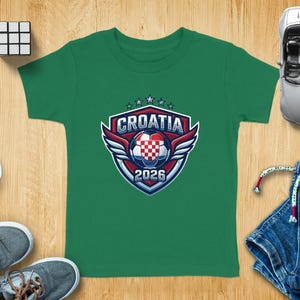 Green t-shirt with Croatia 2026 crest and sports accessories.