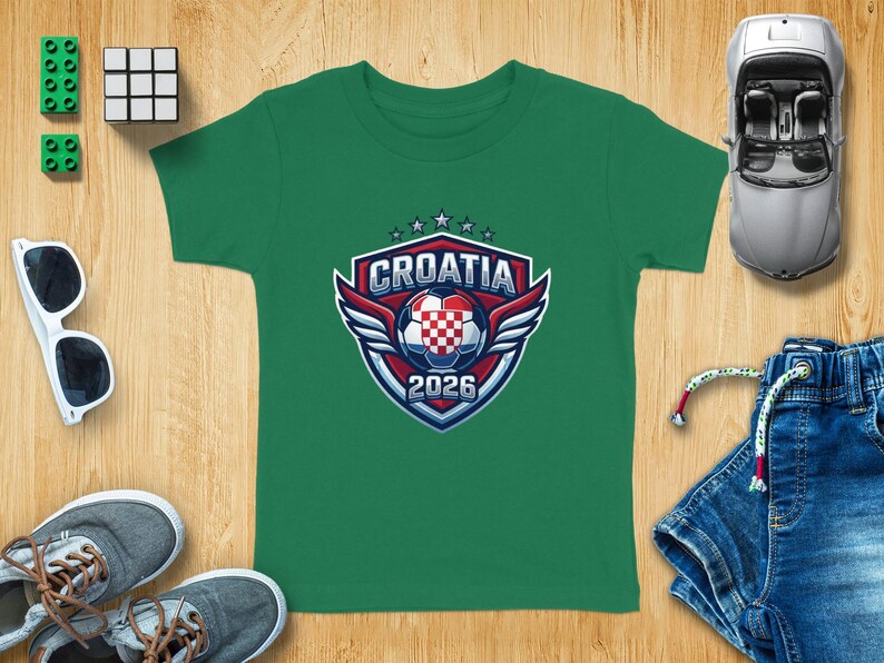 Green t-shirt with Croatia 2026 crest and sports accessories.