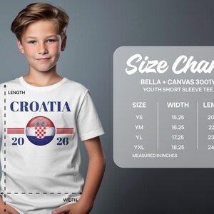 Youth size chart for Croatia short sleeve tee with measurements in inches.