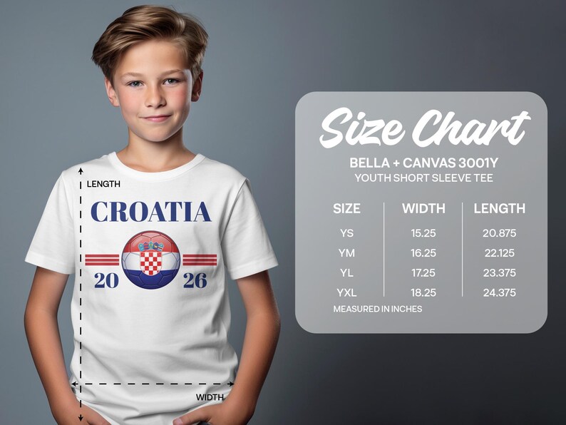 Youth size chart for Croatia short sleeve tee with measurements in inches.