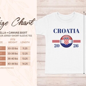 Bella + Canvas toddler size chart for Croatia flag t-shirt.