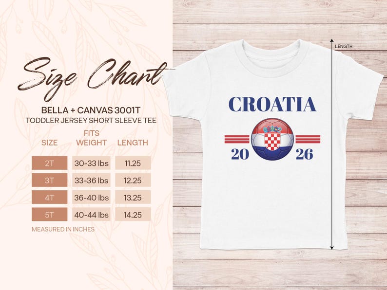 Bella + Canvas toddler size chart for Croatia flag t-shirt.