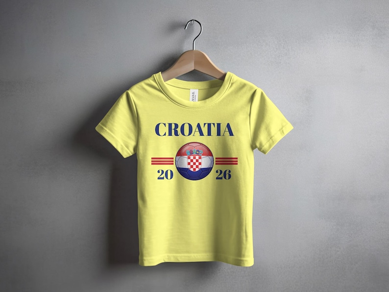 Yellow t-shirt with "CROATIA 2026" and Croatian flag emblem.