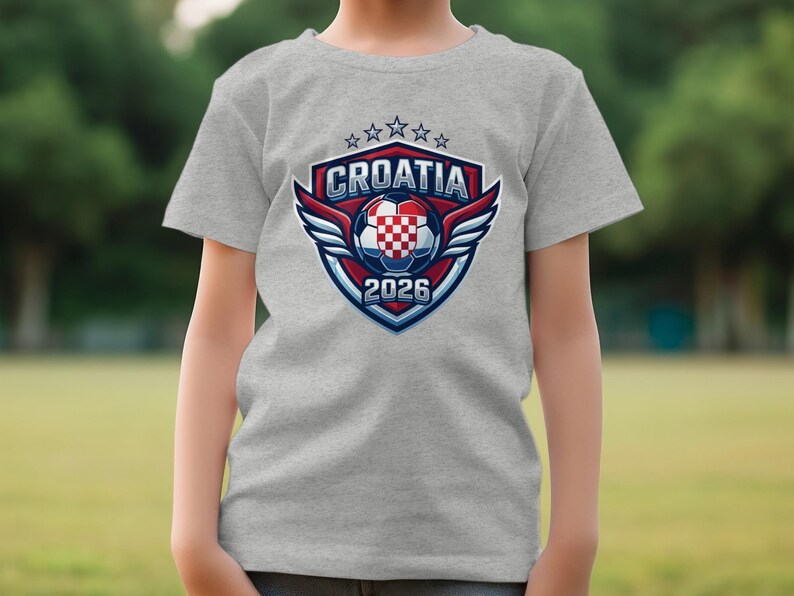 Croatia 2026 soccer logo on grey t-shirt with blurred background.