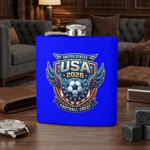 Blue flask with USA 2026 crest and soccer ball.