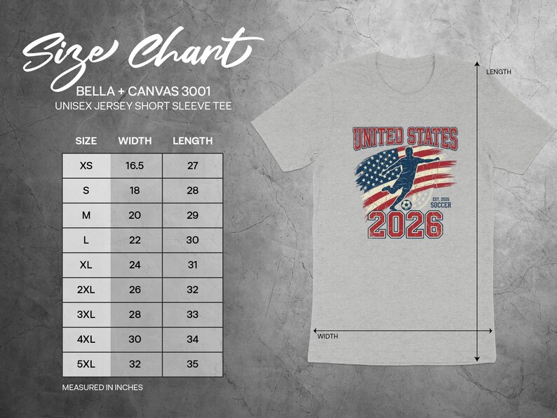 Size chart for Bella + Canvas 3001 unisex t-shirt with United States Soccer graphic.