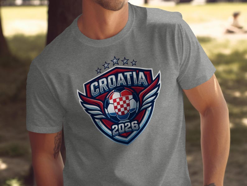 Grey t-shirt with Croatia 2026 soccer shield logo and checkered ball.