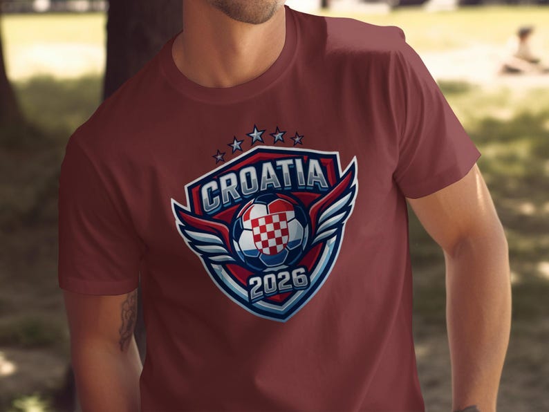 Maroon t-shirt with Croatia 2026 soccer logo featuring wings and shield.