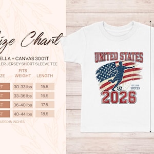 Toddler Bella + Canvas 3001T size chart and USA 2026 soccer t-shirt.