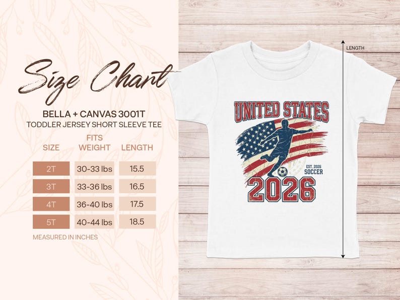 Toddler Bella + Canvas 3001T size chart and USA 2026 soccer t-shirt.
