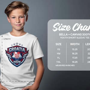 Boy wearing Croatia soccer t-shirt with size chart for Bella+Canvas 3001Y Youth Tee.
