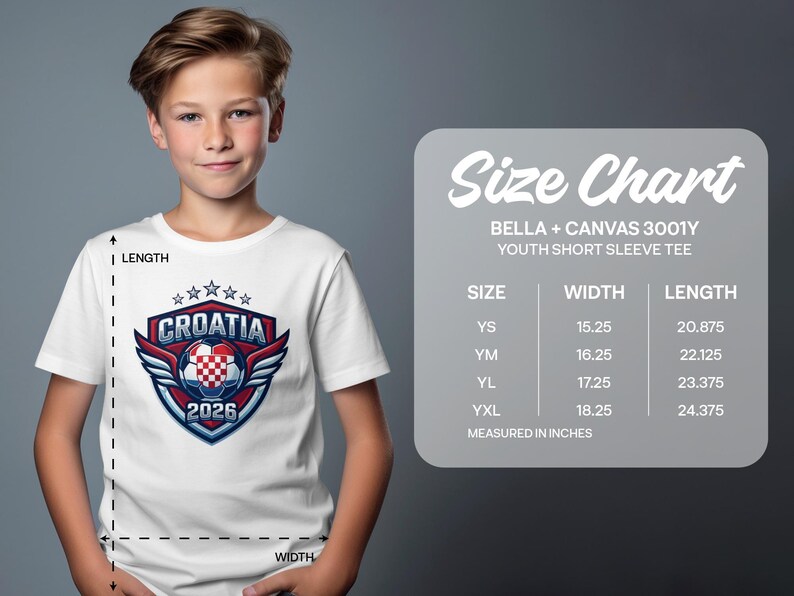 Boy wearing Croatia soccer t-shirt with size chart for Bella+Canvas 3001Y Youth Tee.