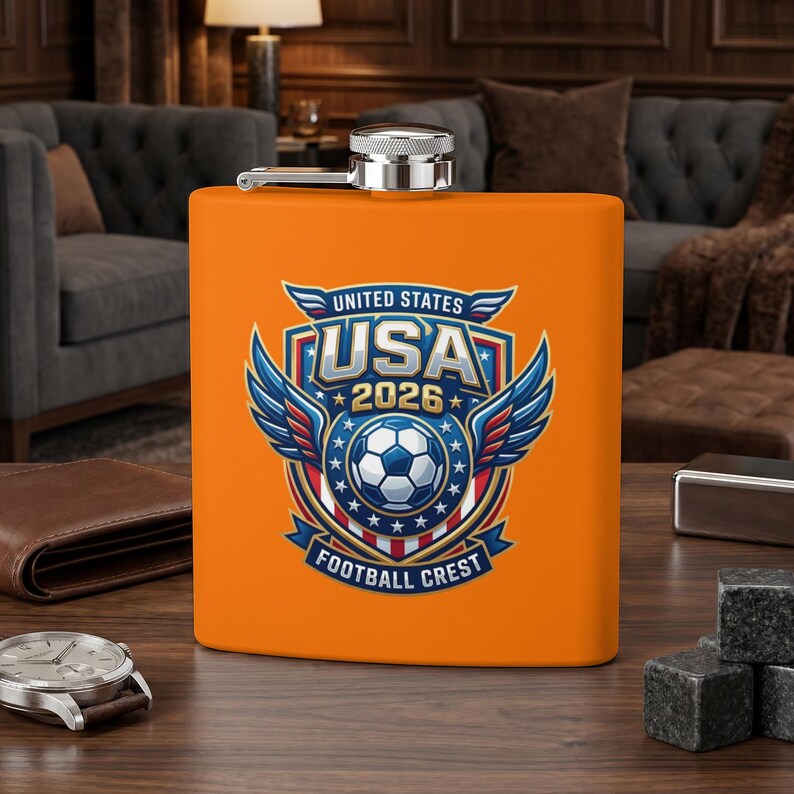 Orange flask with USA 2026 soccer crest and wings design.