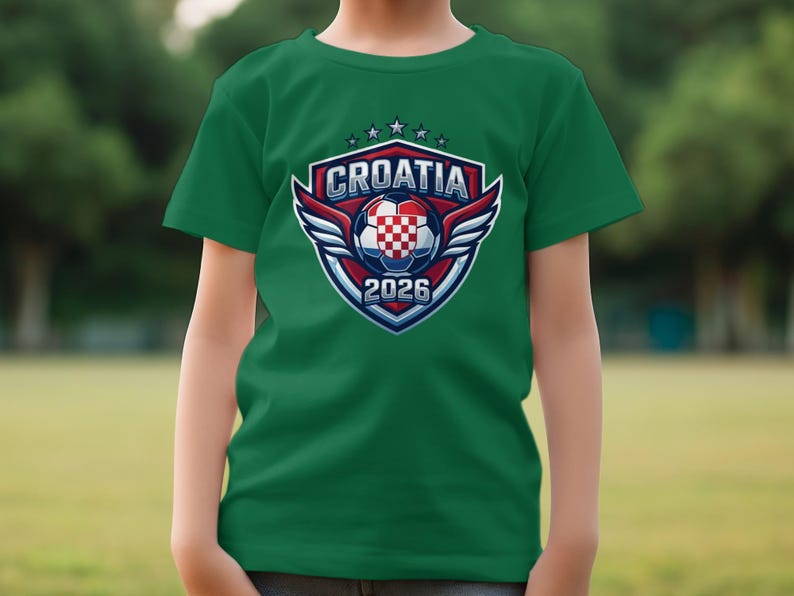 Green t-shirt with Croatia 2026 football crest and stars.