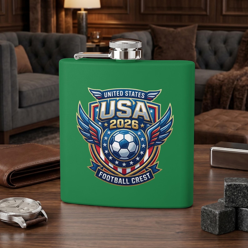 Green flask with "USA 2026 Football Crest" and winged soccer ball logo.