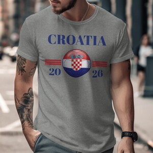 Gray t-shirt with "CROATIA 2026" and a Croatia flag soccer ball.