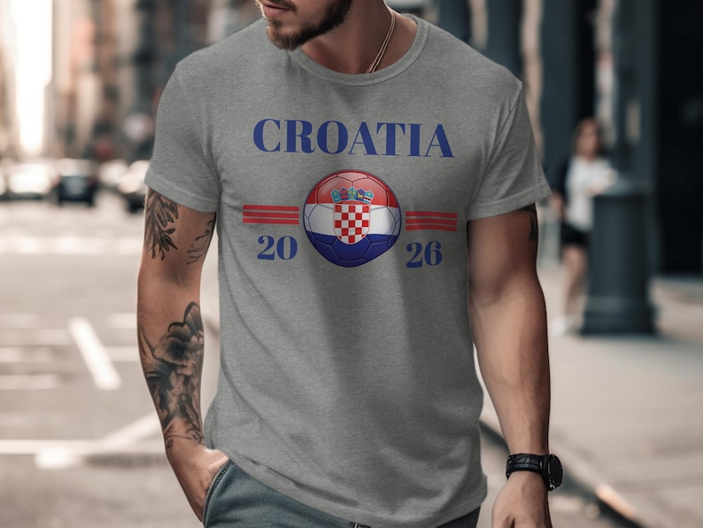 Gray t-shirt with "CROATIA 2026" and a Croatia flag soccer ball.