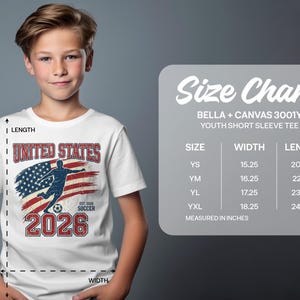 Boy wearing USA soccer t-shirt with size chart showing youth shirt measurements.
