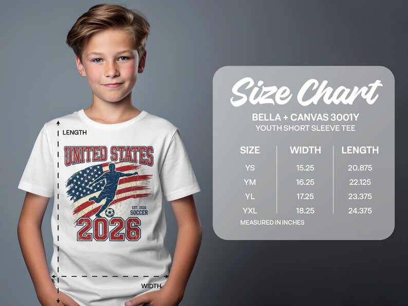 Boy wearing USA soccer t-shirt with size chart showing youth shirt measurements.