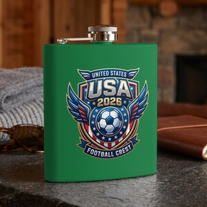 Green flask with "USA 2026 Football Crest" logo, featuring a soccer ball and wings.
