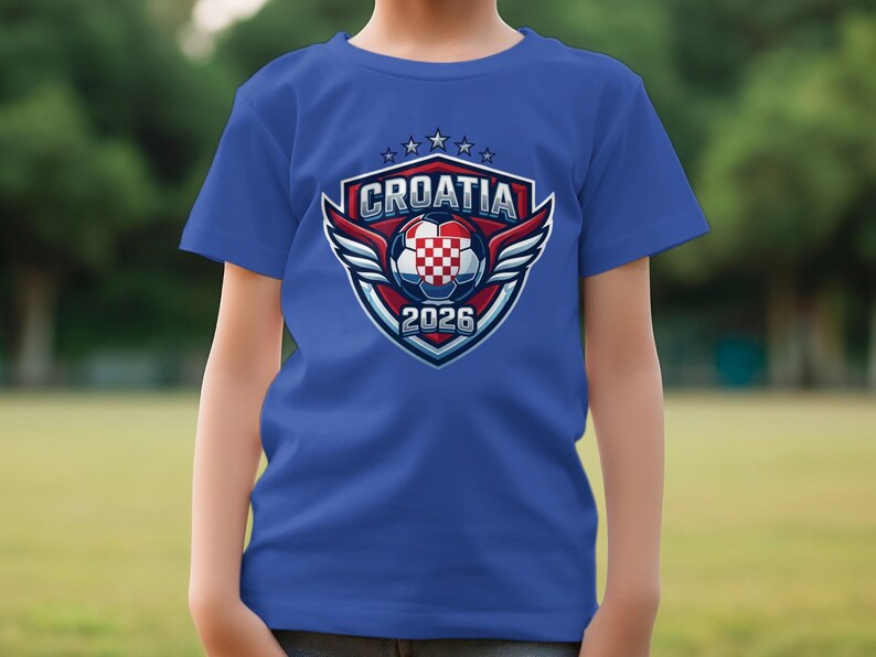 Blue t-shirt featuring a Croatia soccer team logo with 2026.