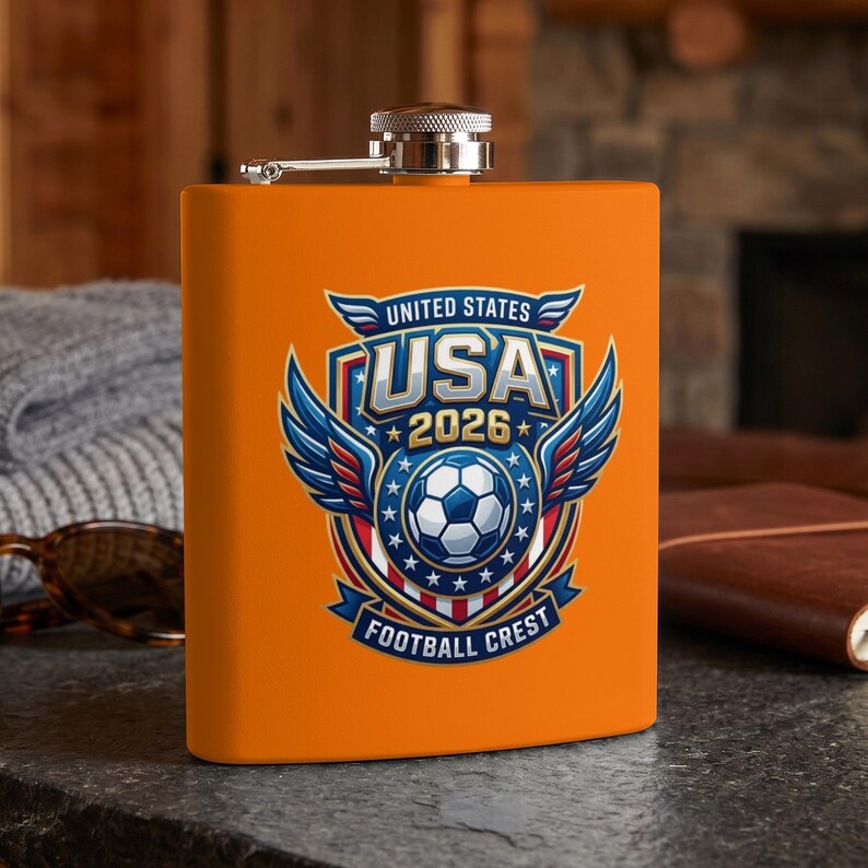 Orange flask with USA 2026 Football Crest logo.